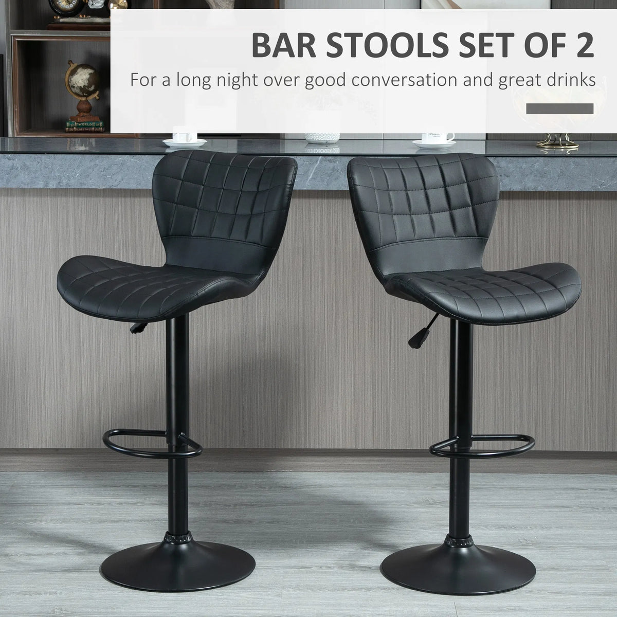 Bar Stools Set of 2 Adjustable Height Swivel Bar Chairs PU Leather - Image 3
