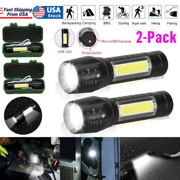 2Pcs Mini Zoomable LED Flashlight USB RechargeableCamping Hiking Flashlight