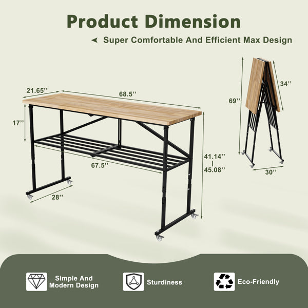 Foldable Hardwood Workbench with Adjustable Wood Top and Locking Casters - Angle and Detail View