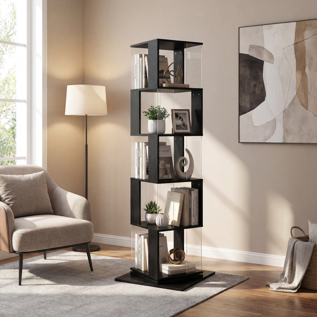 5-Tier Black 360-Degree Rotating Bookshelf