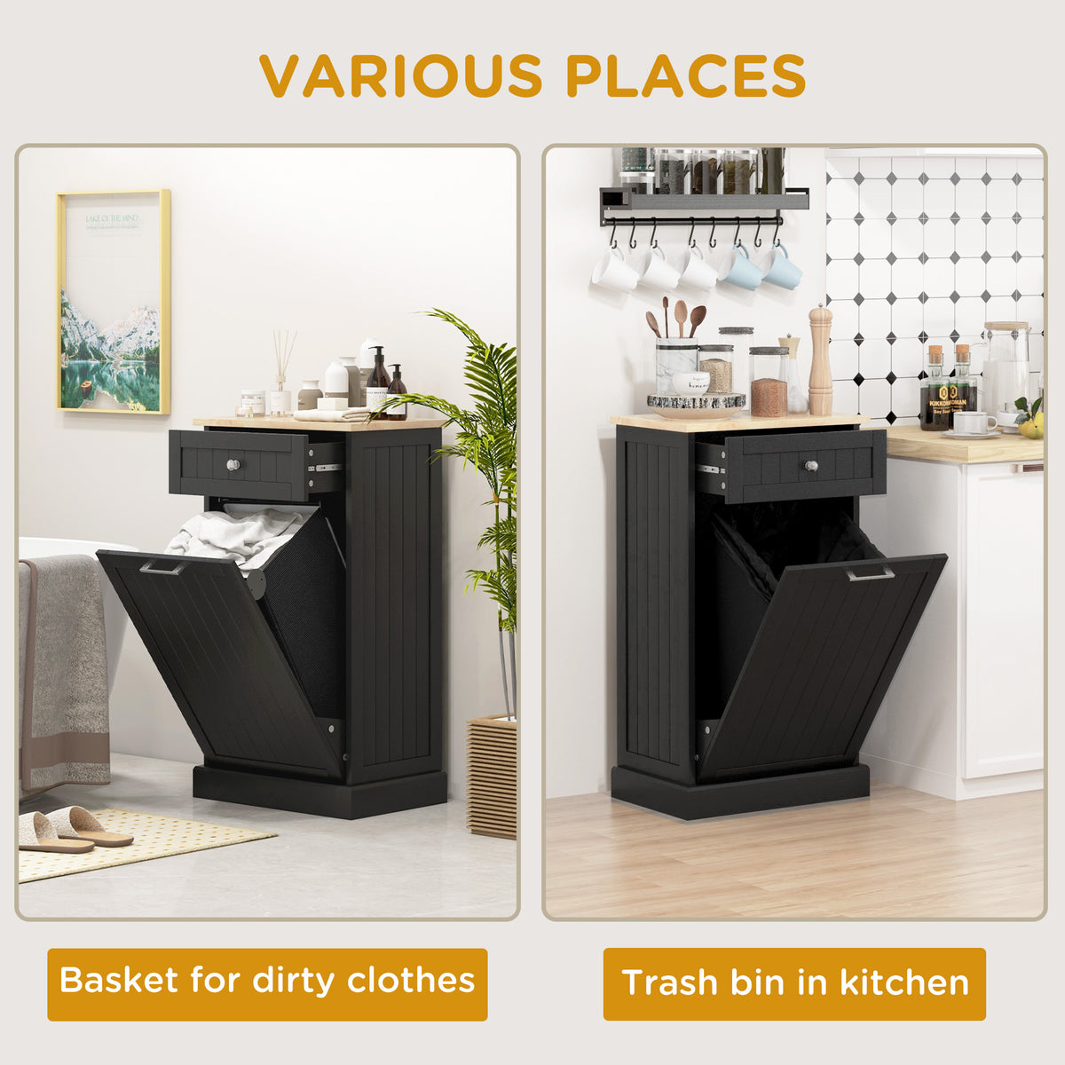 10 Gallon Tilt Out Trash Cabinet Wooden Hidden Trash Can with Storage Drawer