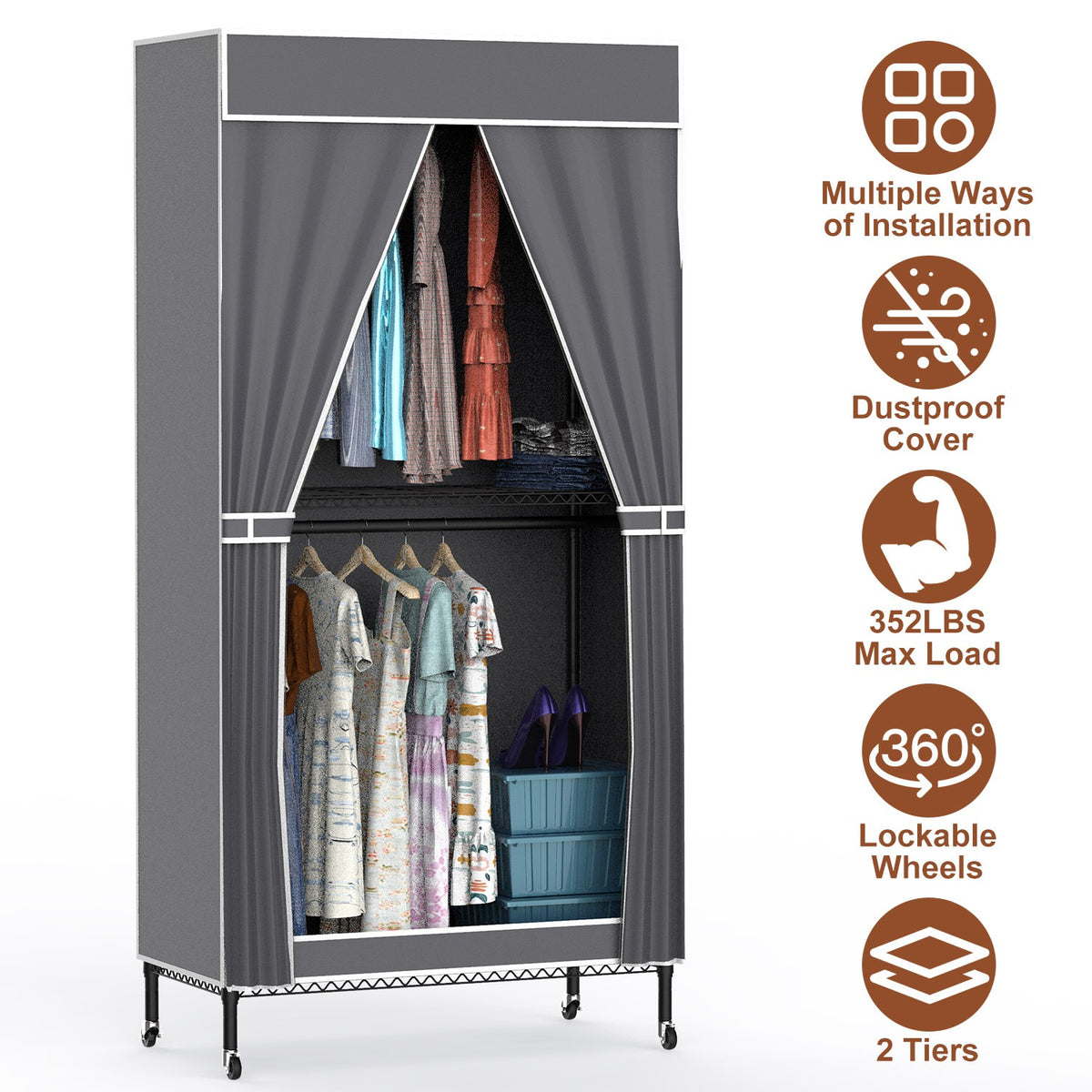 1Pc 2 Tier Foldable Clothing Rack With Cover Portable Wardrobe Closet Covered - Image 4