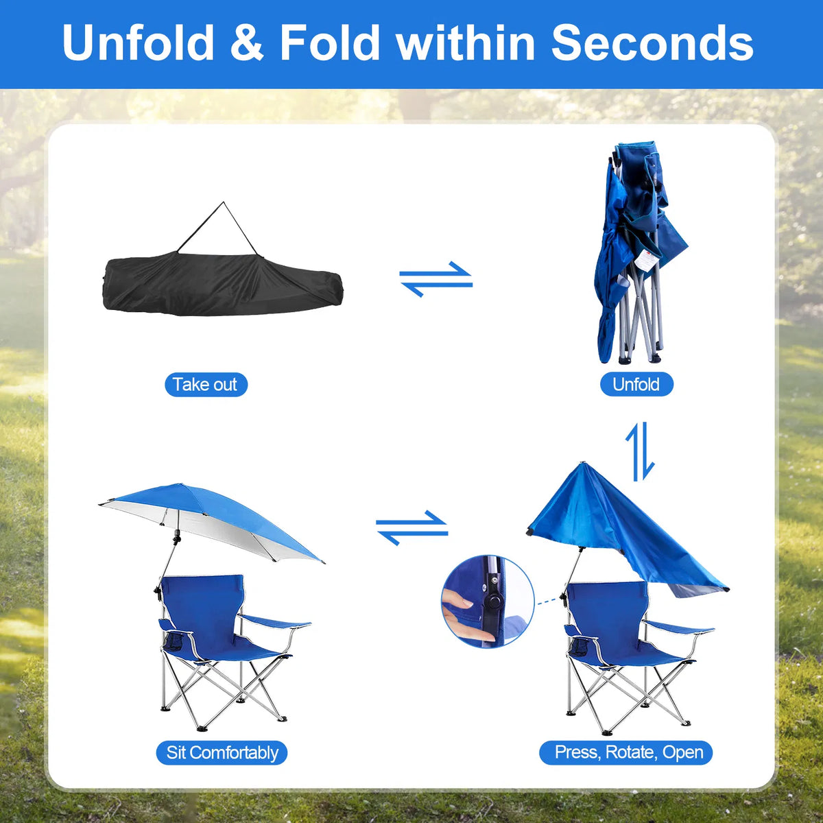 Foldable Beach Chair with Detachable Umbrella Armrest Adjustable Canopy Stool - Image 4