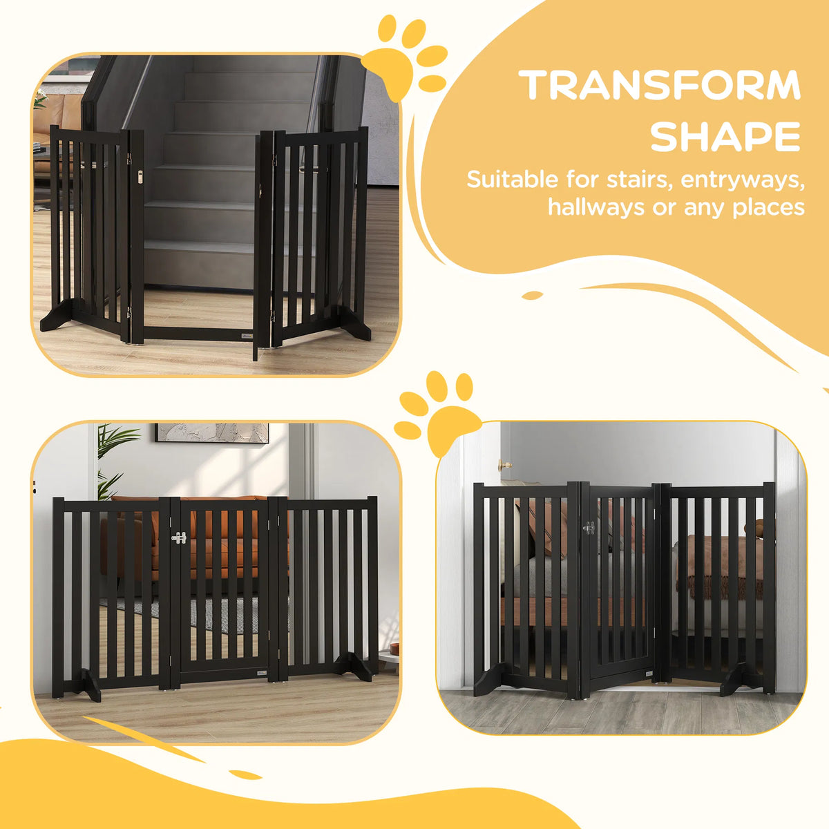 3 Panel Foldable Dog Gate with Feet for Medium Dogs and Below Black