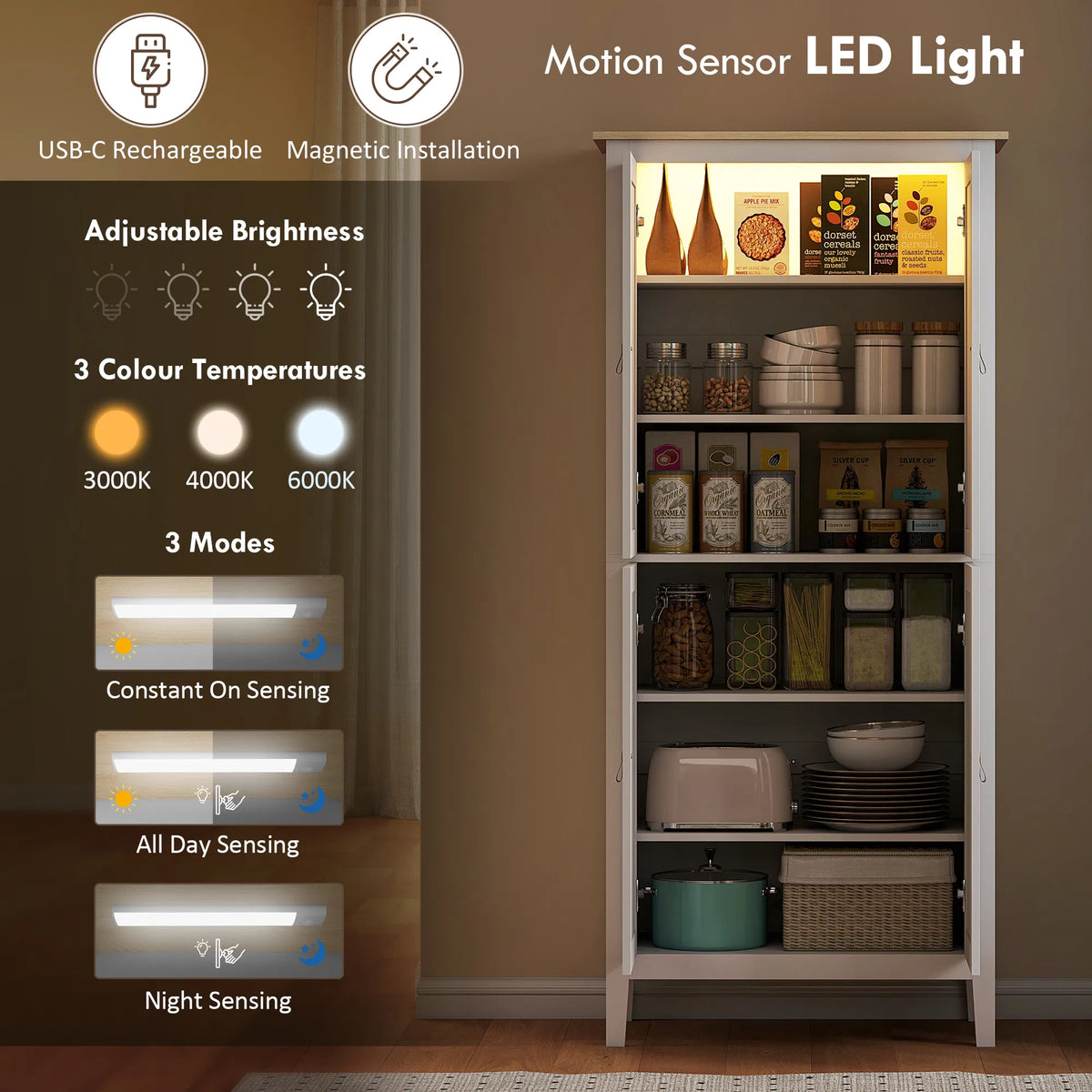 69.5" Tall Kitchen Pantry Storage Cabinet with Motion Sensor LED Light Modern - Image 4