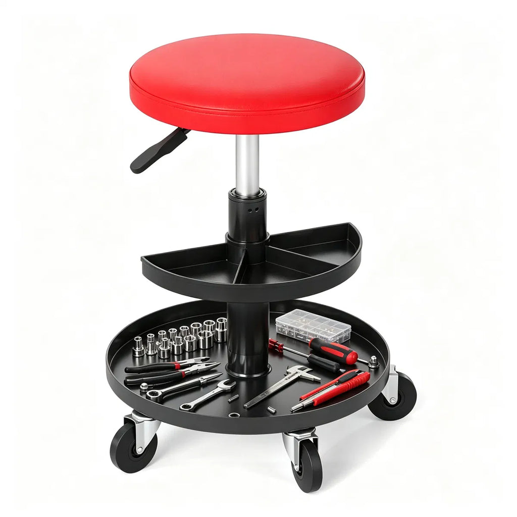 Adjustable Pneumatic Rolling Mechanic Stool with 2 Tier Tool Tray Red - Image 4