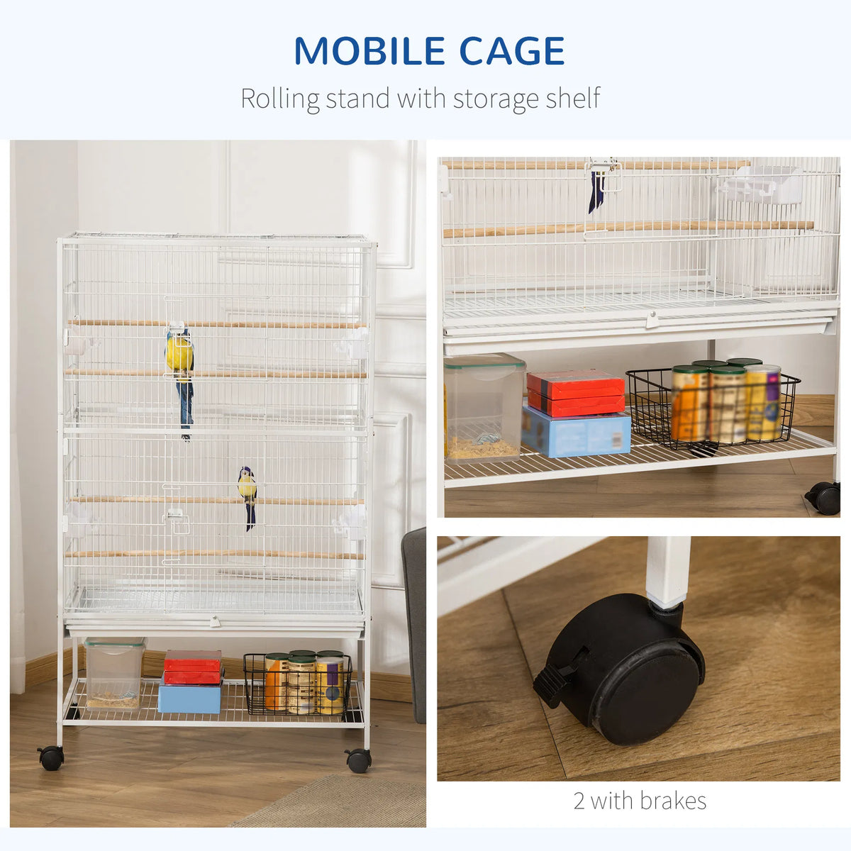 52" Large Rolling Steel Bird Cage Bird House with Rolling Stand Storage Shelf - Image 5