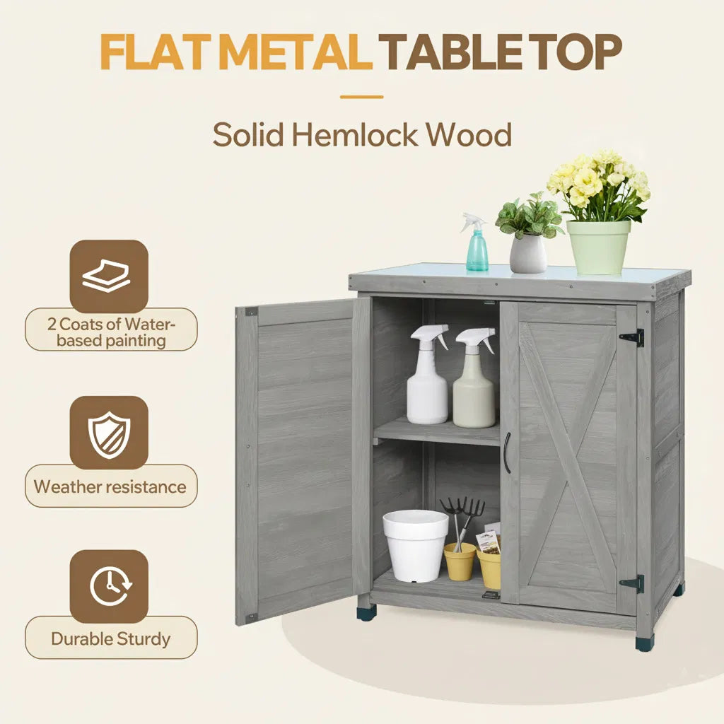 Potting Bench with Storage Cabinet and Metal Table Top for Outdoor - Image 3