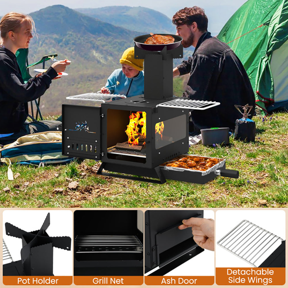 Portable Wood Burning Stove Mini Heater Burner With Pot Rack Oven Pan - Image 4