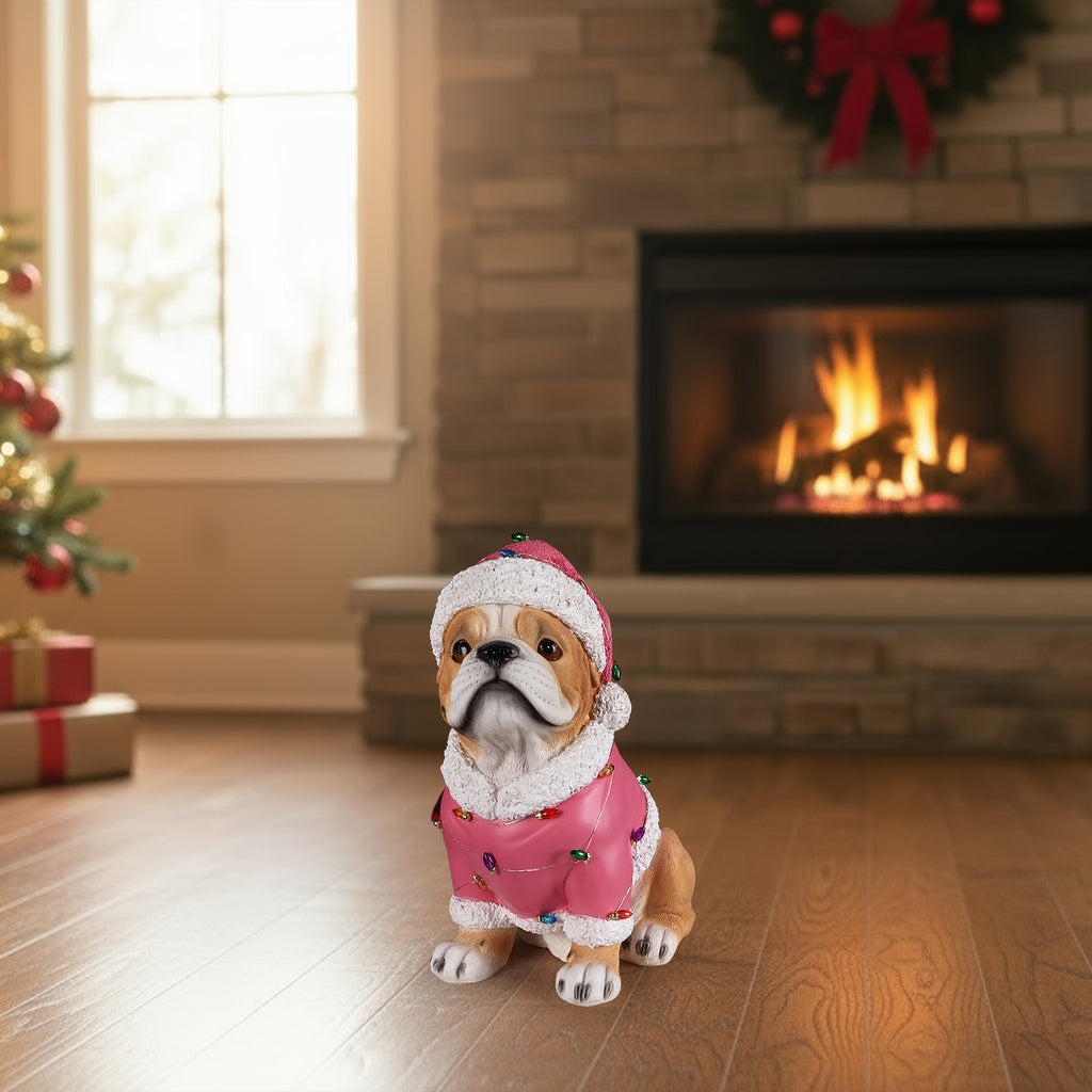 Christmas Pug Statue Holiday Dog Figurine in Pink Santa Outfit - Image 3