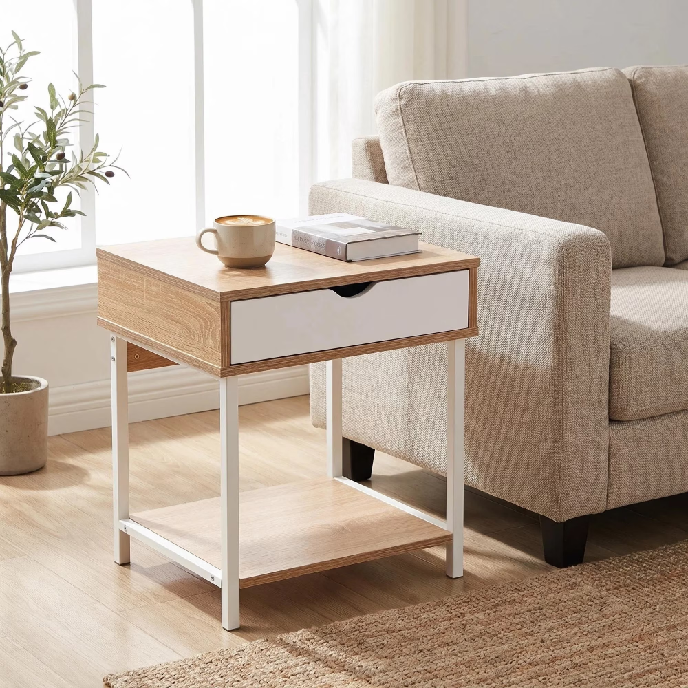 White Oak Grain Side Table Nightstand With Drawer And Shelves Living Room Sofa