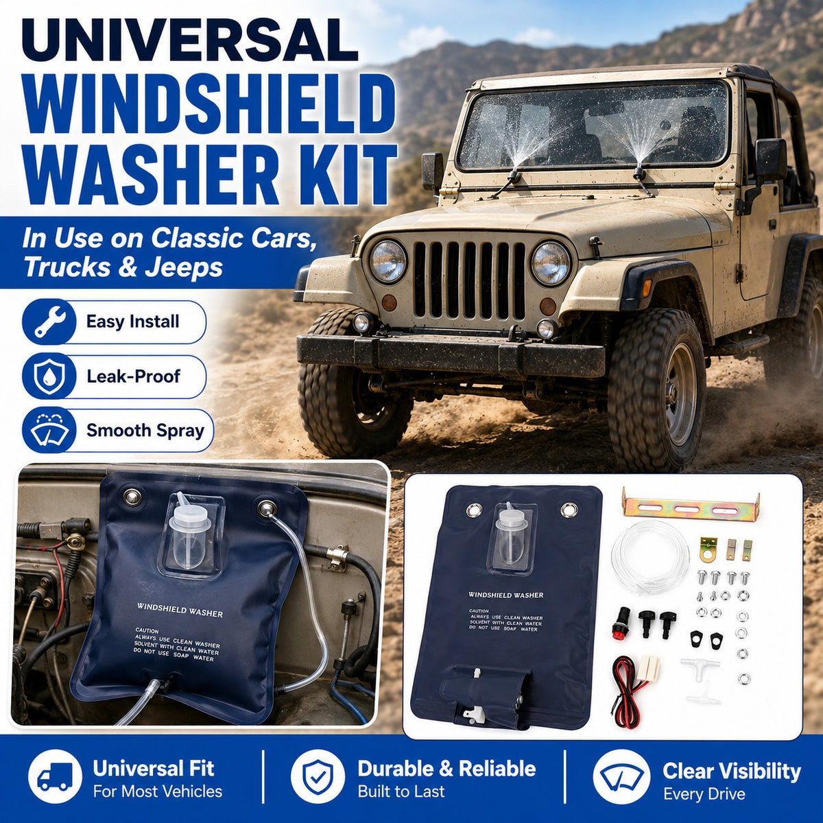 Universal Classic Car Windshield Washer Bag Kit 12V Complete Accessories - Image 2