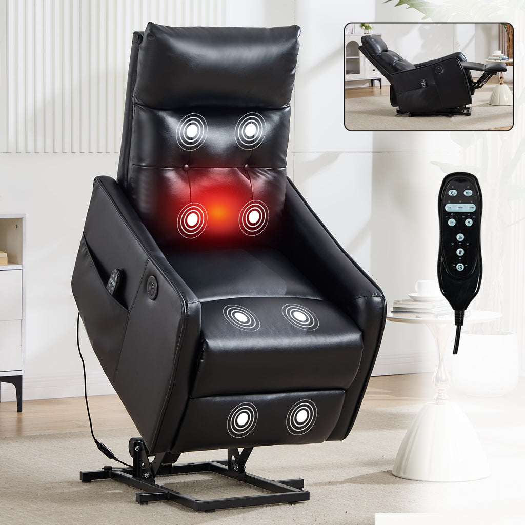 Black PU Single Motor Power Lift Recliner Chair with Massage and Heat for - Image 3