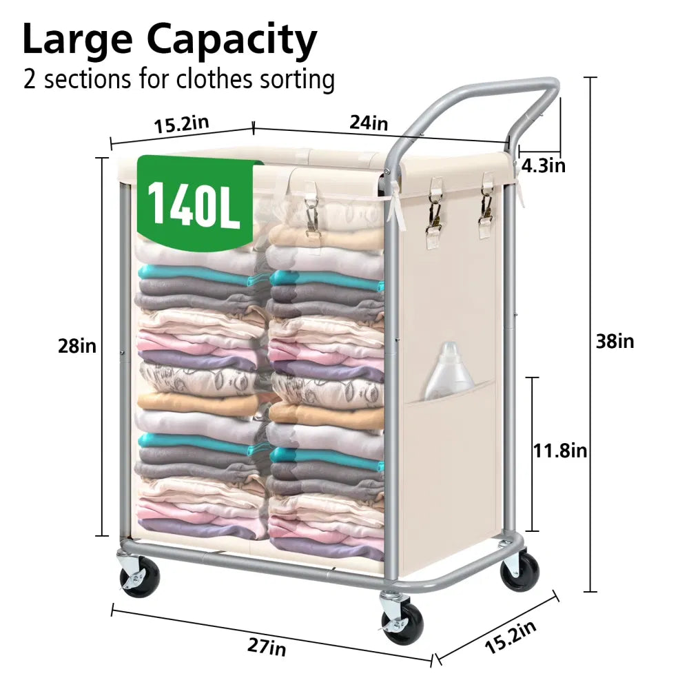 Laundry Hamper With Wheels 140L Rolling Section Removable Liner Handles - Image 6