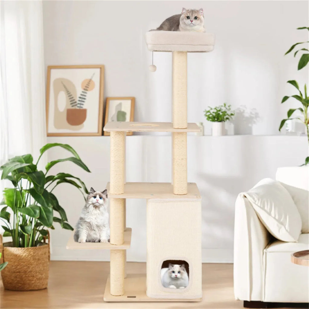 63" Wooden Cat Tree 2 Story Condo with Bamboo Interior 5 Sisal Scratching