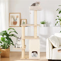 63" Wooden Cat Tree 2 Story Condo with Bamboo Interior 5 Sisal Scratching