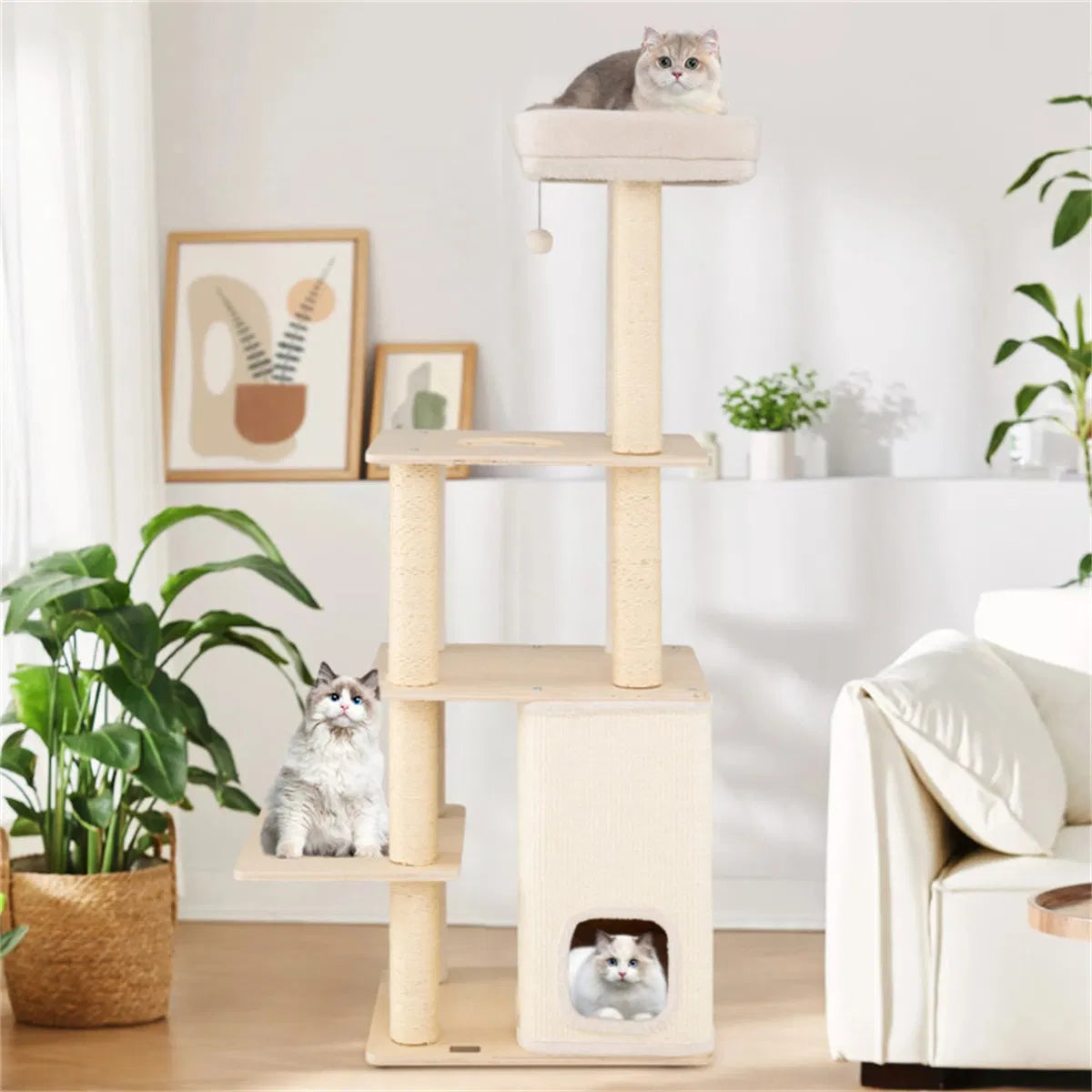 63" Wooden Cat Tree 2 Story Condo with Bamboo Interior 5 Sisal Scratching