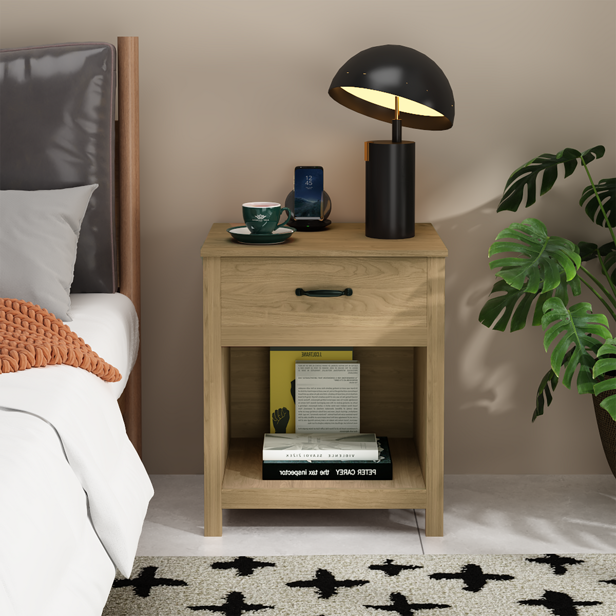 Natural Wood Nightstand with Drawer and Open Shelf