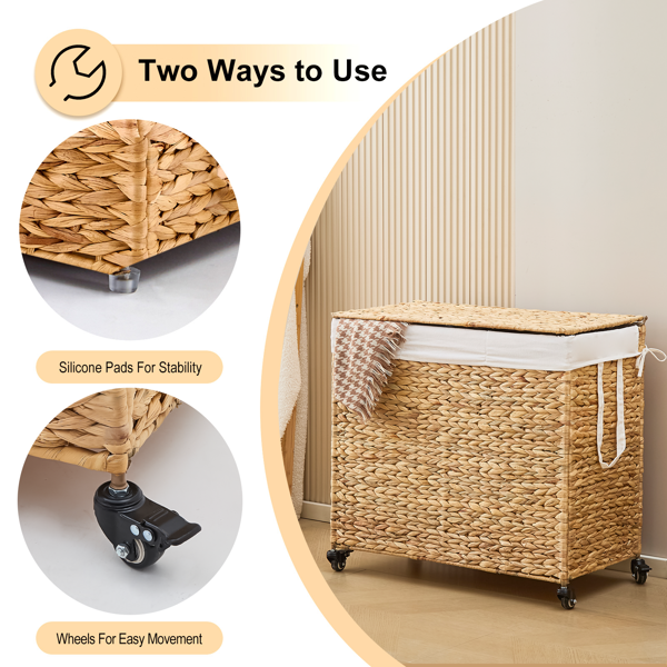 160L 3 Section Laundry Hamper With Lid And Wheels Woven Natural Water Hyacinth - Image 4