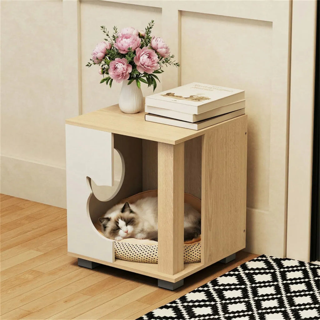 Multipurpose Wooden Cat House Nightstand Sturdy Metal Base Anti Slip Pet Furniture