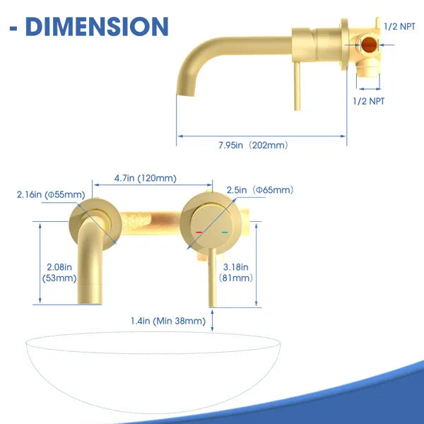 Wall Mount Faucet for Bathroom Sink or Bathtub Single Handle 3 Holes Brass
