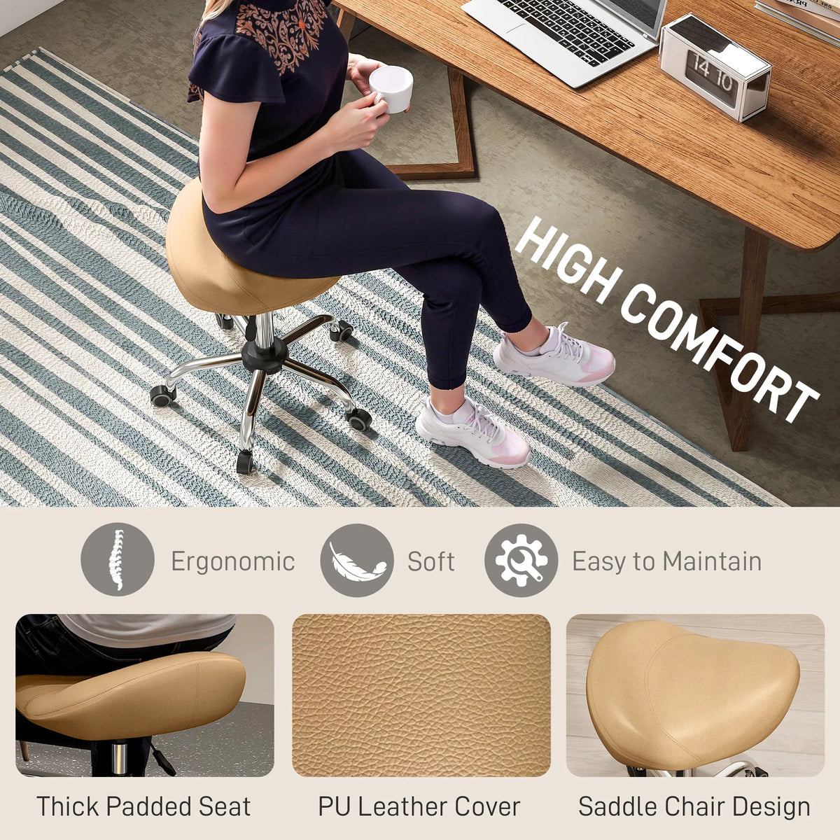 Saddle Stool Height Adjustable Rolling Salon Chair with PU Leather for - Image 2