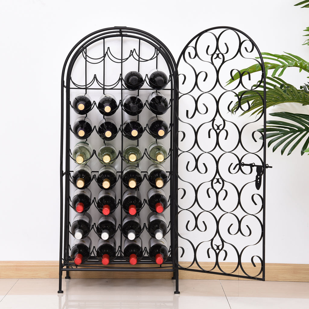 35 Bottle Wrought Iron Wine Rack Cabinet With Lock Black - In-Use and Feature Display