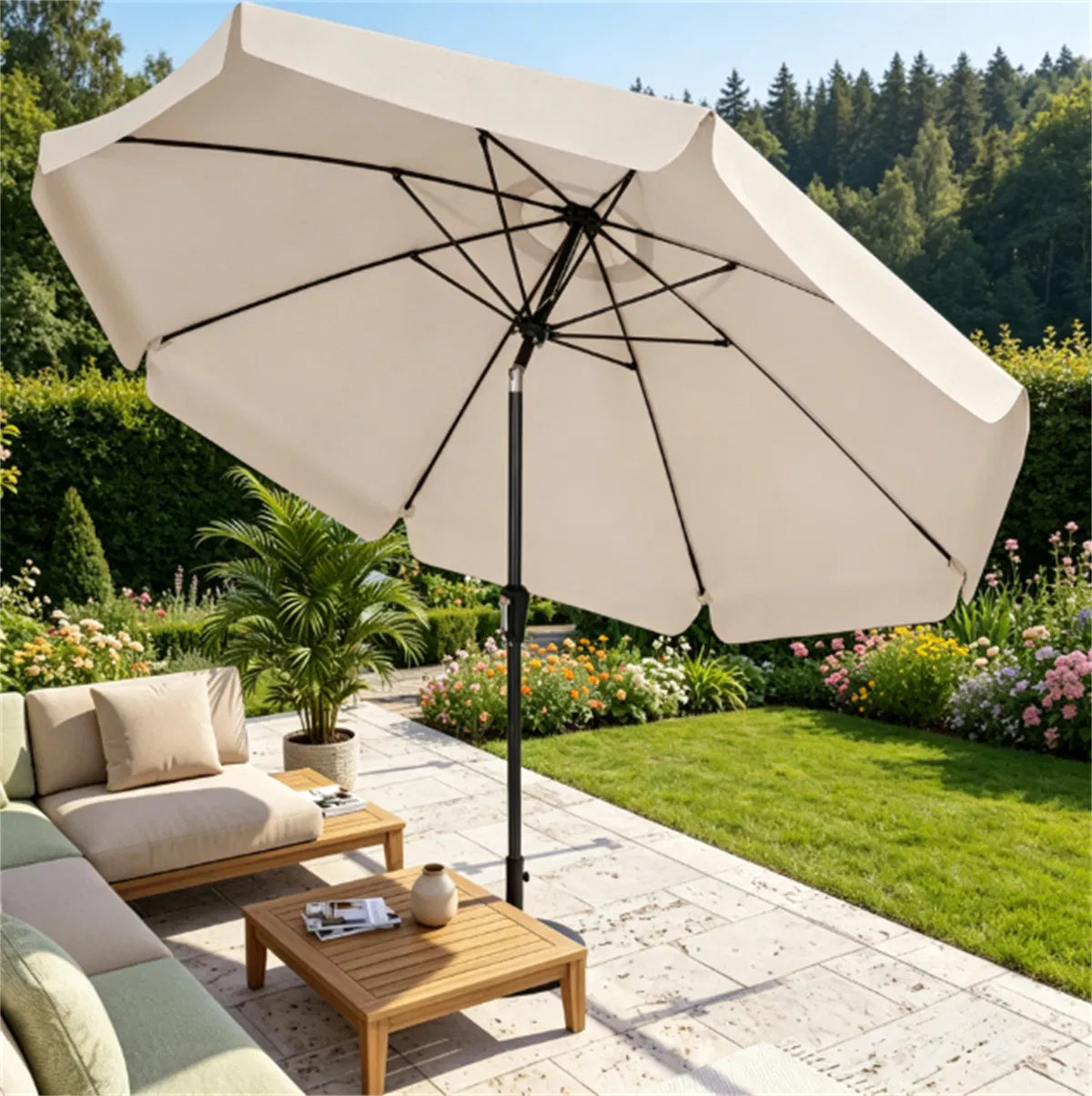 Beige 10ft Scalloped Patio Umbrella with PushButton Tilt Vented Outdoor Market - Image 4