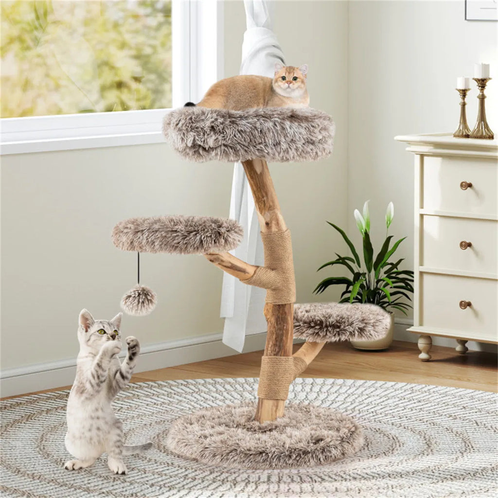 4 Level Natural Pear Wood Cat Tree 19.5"x35.5" Jute Scratch Posts + Plush - Image 5
