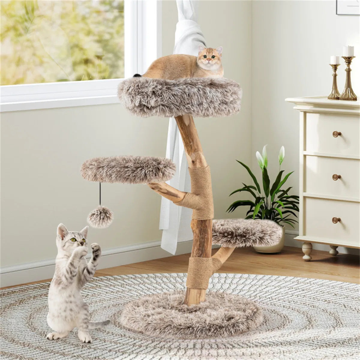 4 Level Natural Pear Wood Cat Tree 19.5"x35.5" Jute Scratch Posts + Plush - Image 5