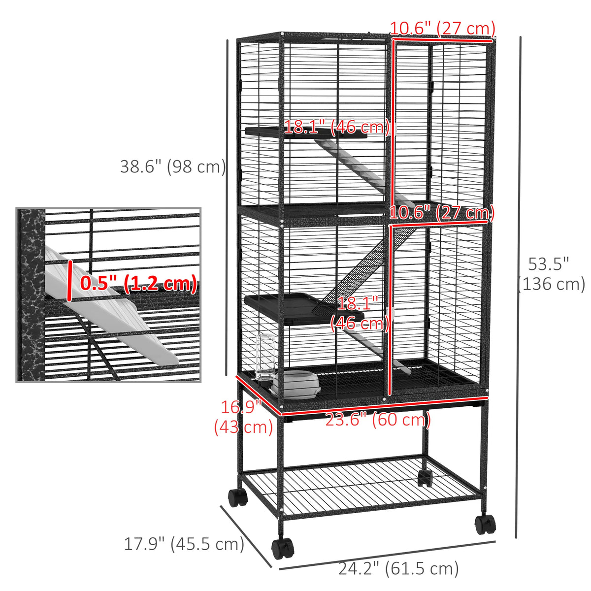 Rolling Small Animal Cage 53.5"H Chinchilla Cage for Ferrets Squirrels w/