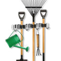 black 3-slot broom and mop holder with hooks