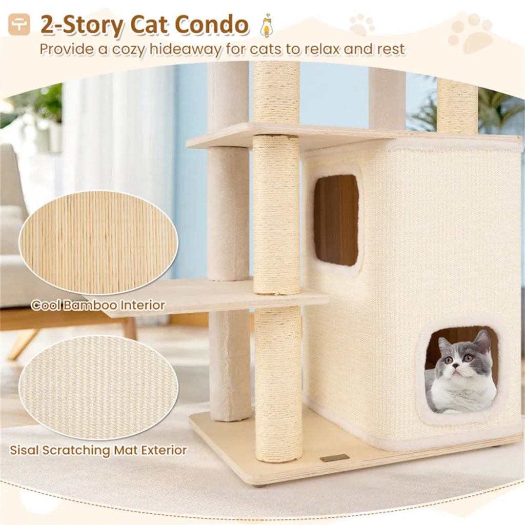 63" Wooden Cat Tree 2 Story Condo with Bamboo Interior 5 Sisal Scratching - Image 2
