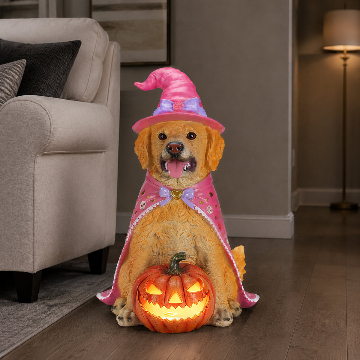 Halloween Golden Retriever Dog Statue Large Sitting Dog Figurine with Pink