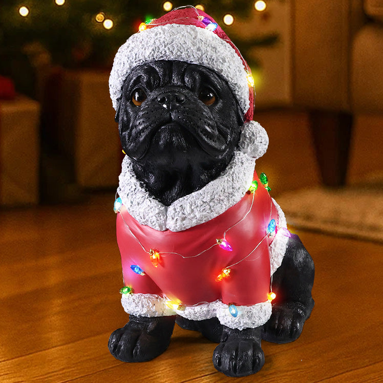 Christmas Pug Statue Holiday Dog Figurine in Santa Outfit