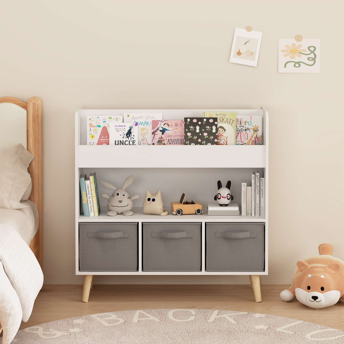 Kids Bookshelf with Three Fabric Storage Bins
