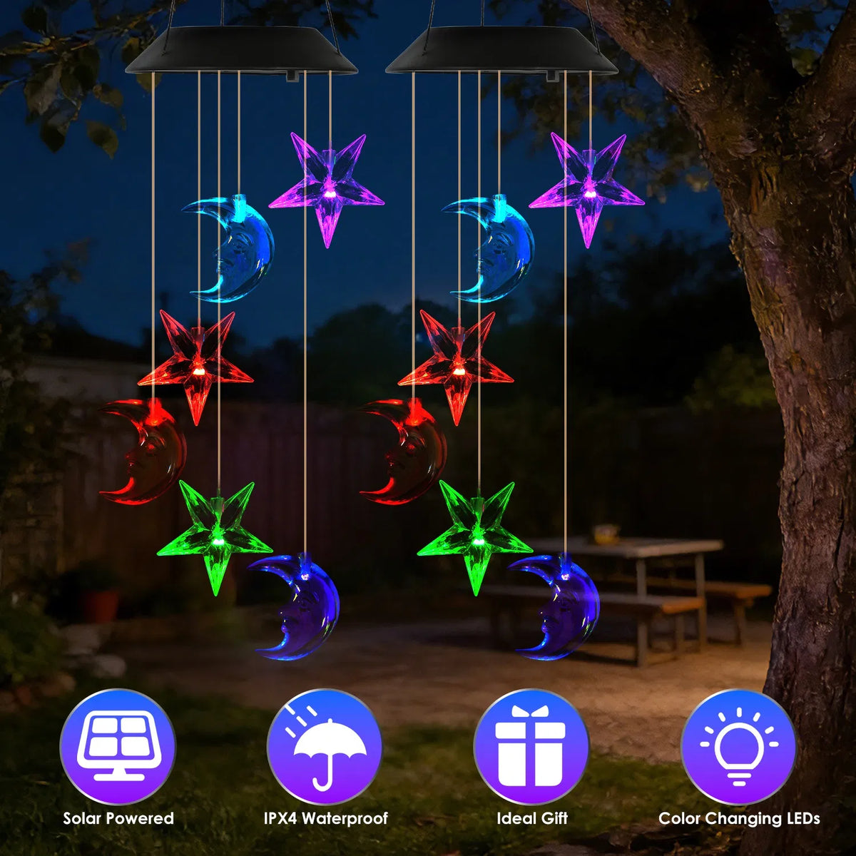 2PCS Outdoor Solar Wind Chimes Moon and Star Color Changing LED Light - Image 5