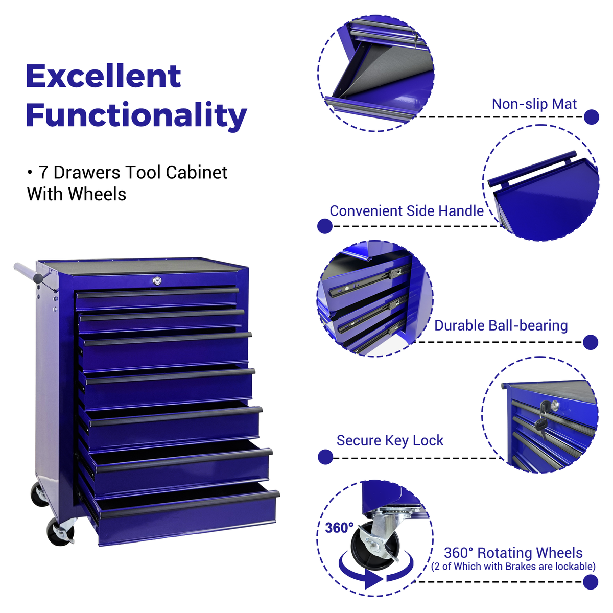 7 Drawer Rolling Tool Storage Cabinet With Detachable Top Tool Box Universal - Image 4
