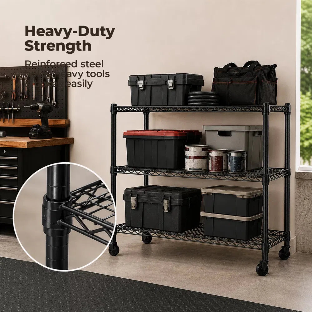 3 Tier Heavy Duty Adjustable Metal Shelf With Wheels No Tool Assembly Suitable - Image 4