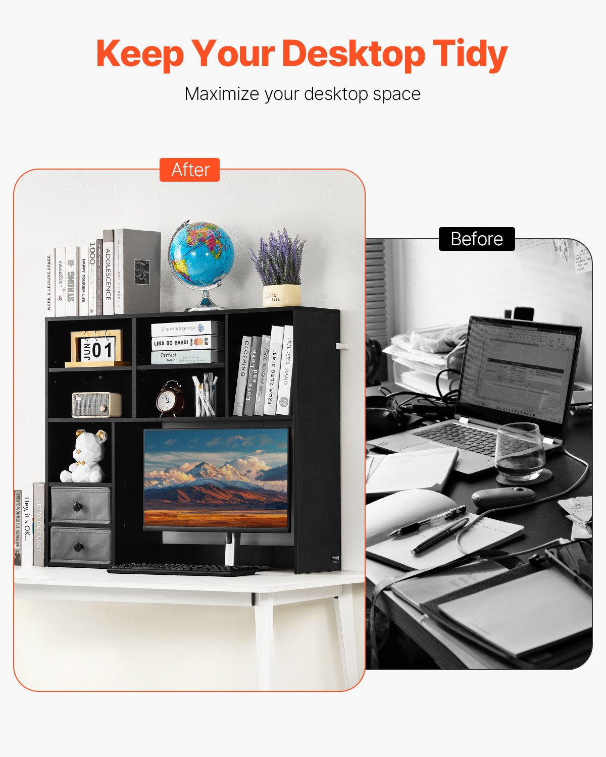 3-Tier Desktop Storage Organizer Bookshelf with Drawers - Black - Opening and Closure Mechanism Detail