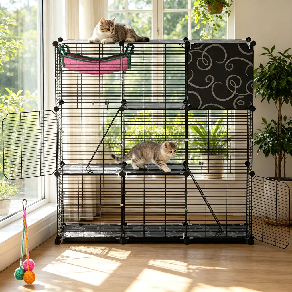 3 Level Metal Cat Cage Enclosure Modular Pet Habitat with 3 Doors 2 Ladders - Image 4