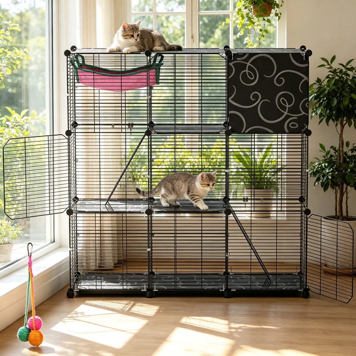 3 Level Metal Cat Cage Enclosure Modular Pet Habitat with 3 Doors 2 Ladders - Image 4