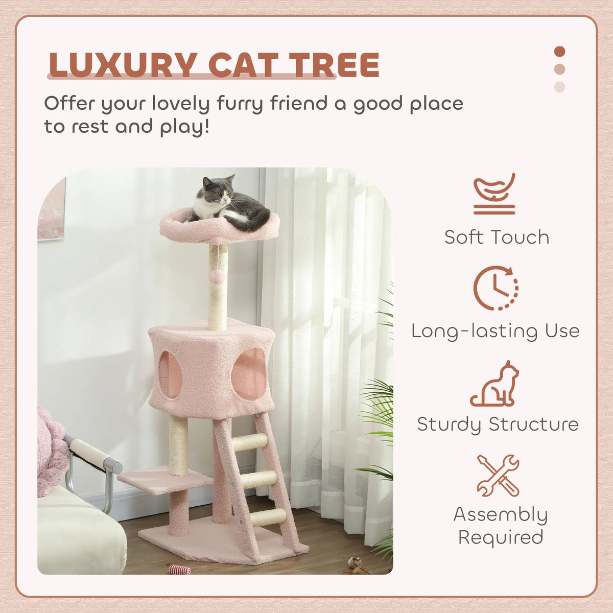 47" Tall Cat Tree Tower with Condo Ladder Scratching Posts and Hanging Ball Pink - Image 2