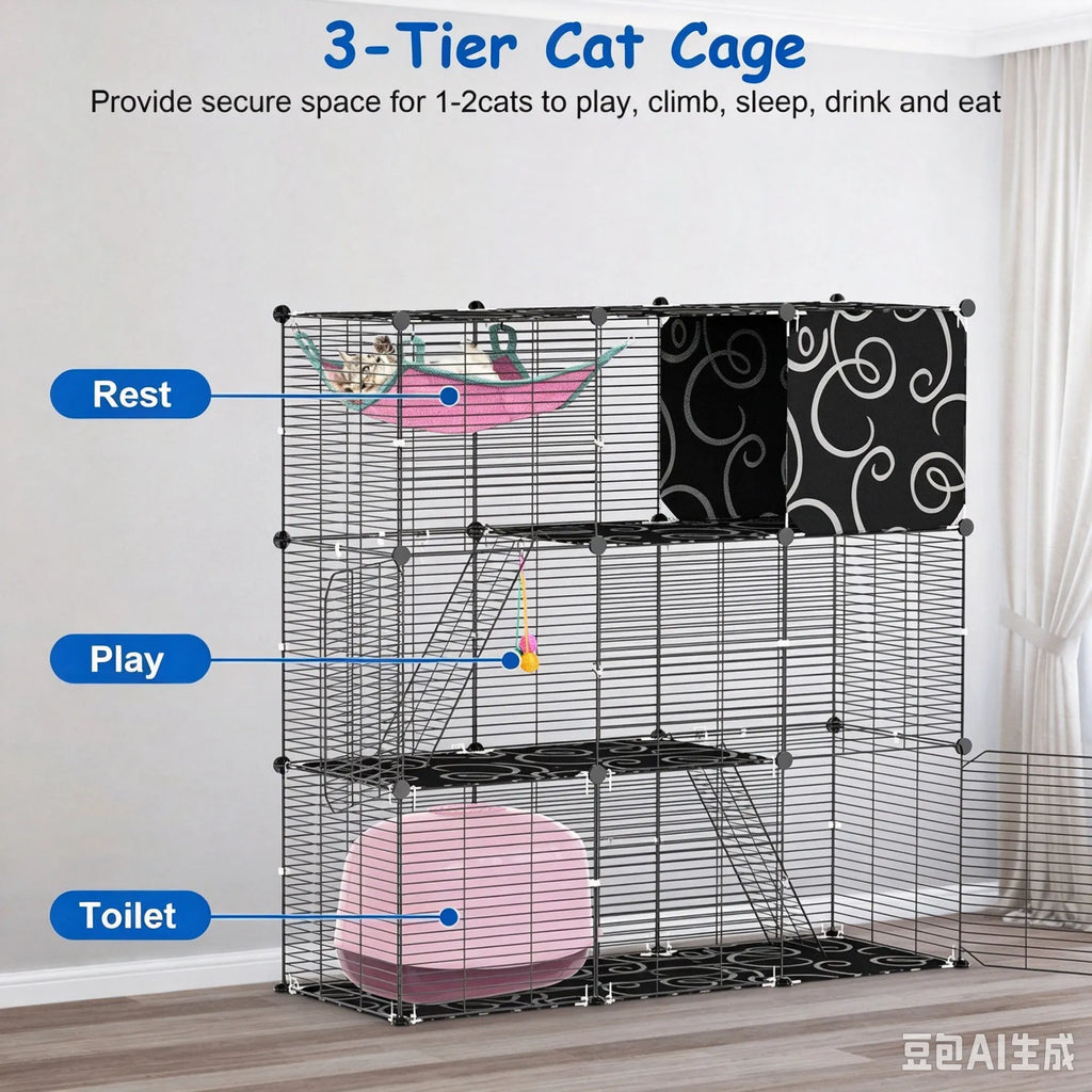 3 Level Metal Cat Cage Enclosure Modular Pet Habitat with 3 Doors 2 Ladders - Image 3