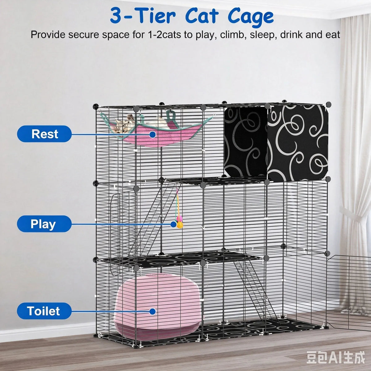 3 Level Metal Cat Cage Enclosure Modular Pet Habitat with 3 Doors 2 Ladders - Image 3
