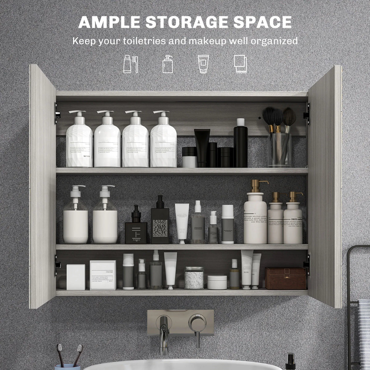Bathroom Mirror Cabinet Wall Mounted Storage Organizer with Double Doors - Image 2