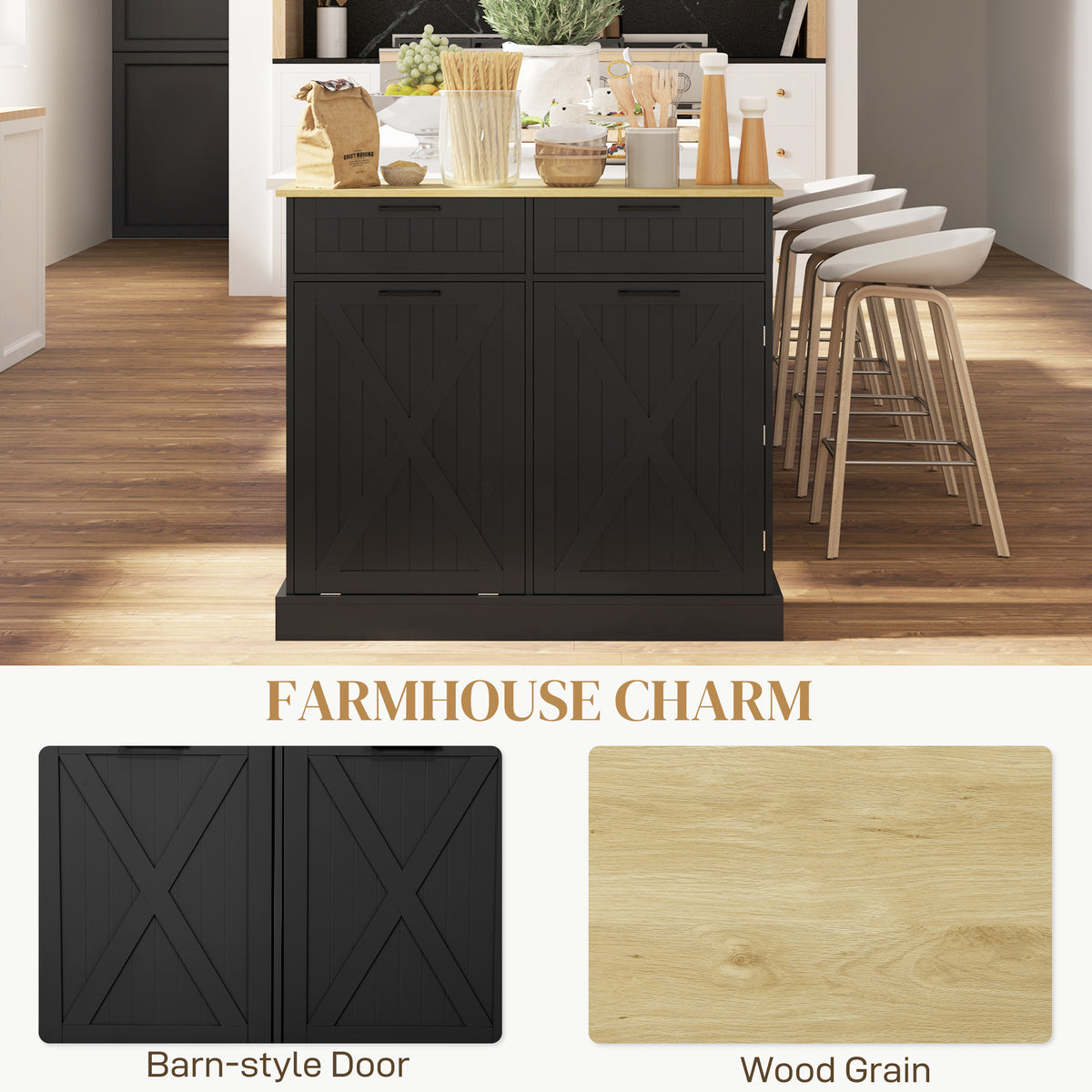10 Gallon Farmhouse Kitchen Cabinet with Hidden Trash Can and 2 Drawers Tilt
