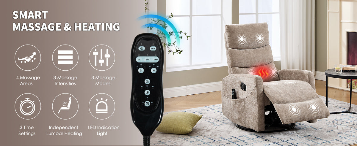 Heat Massage Manual Recliner Chair with Rocker and Swivel in Fabric for Living - Image 3