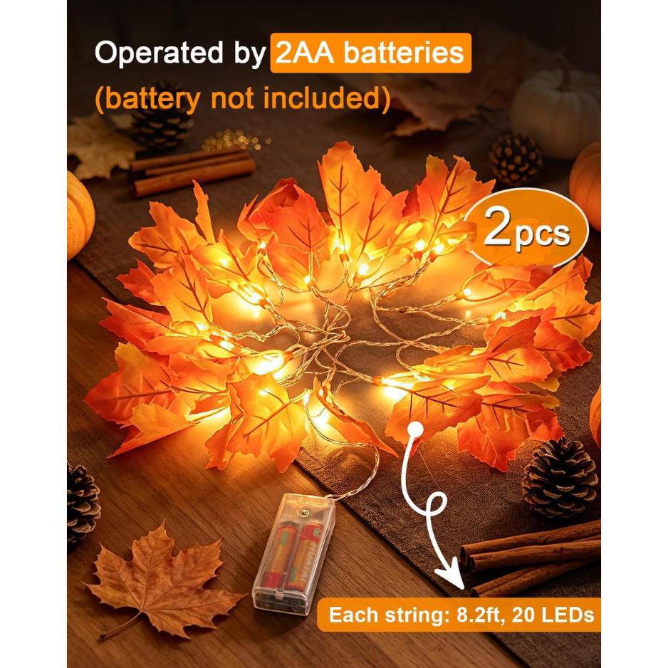 2 Pack Lighted Fall Garland 16.4ft Total 40 LED Autumn Maple Leaf String - Image 3