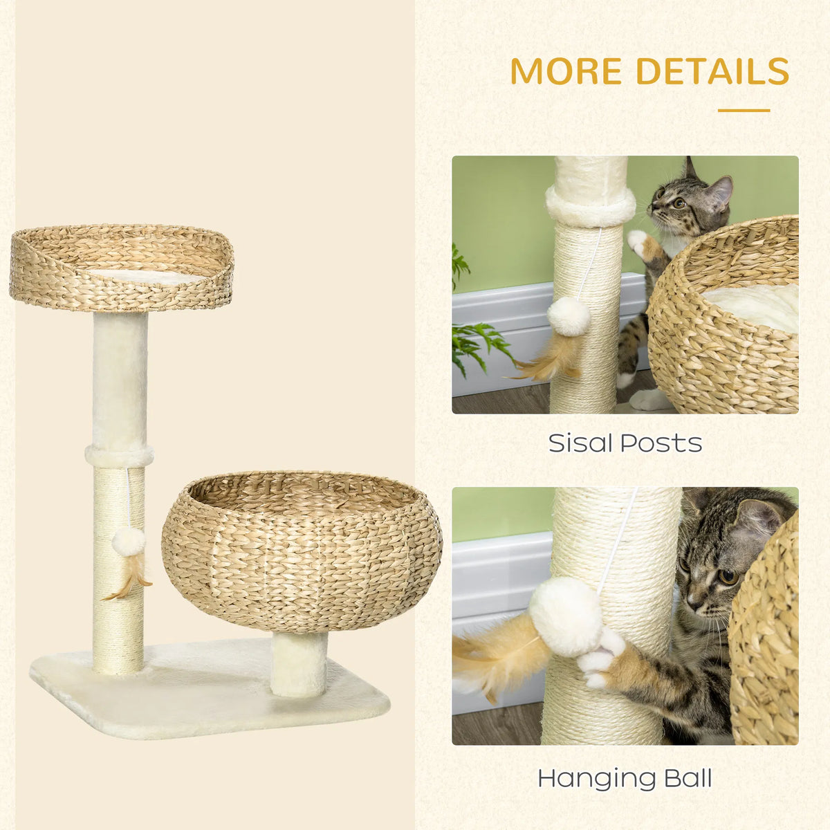28" Cat Tree with Scratching Post Cat Tower with Double Beds Beige - Image 4